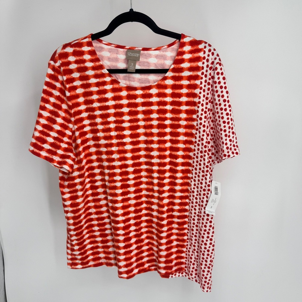 Chico's Red Hot Mixed Print Polka Dot Boho Short Sleeve Tee Top 3 XL 570368140